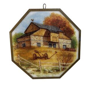 Slag Glass Country Barn Scene Suncatcher Lead Surround Hand Painted 5.5" Octagon